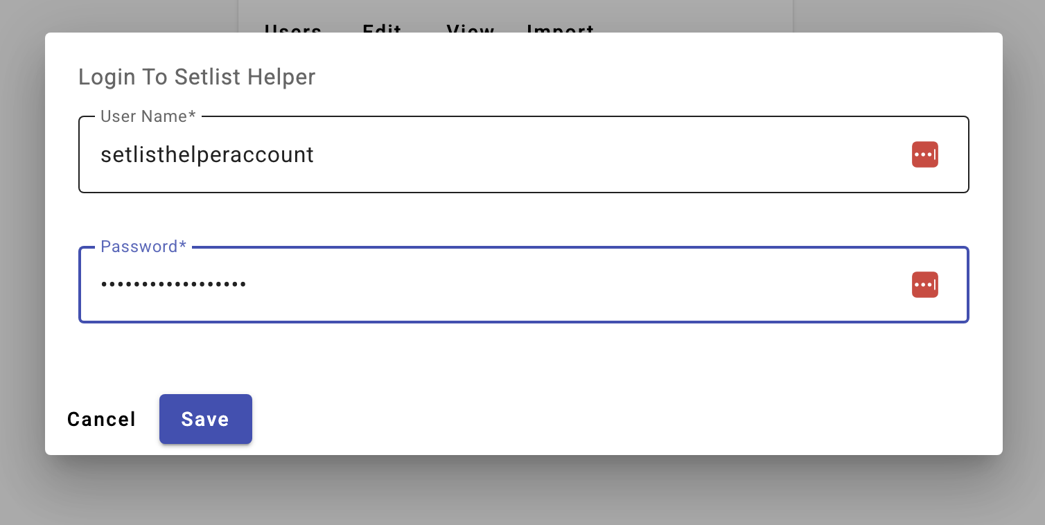 Login to Setlist Helper dialog with username and password fields