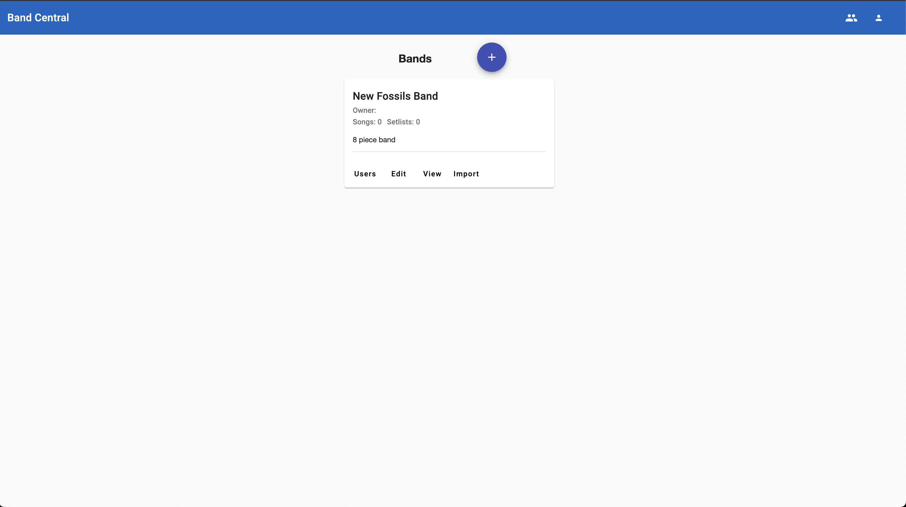 Bands page showing band card with Import button