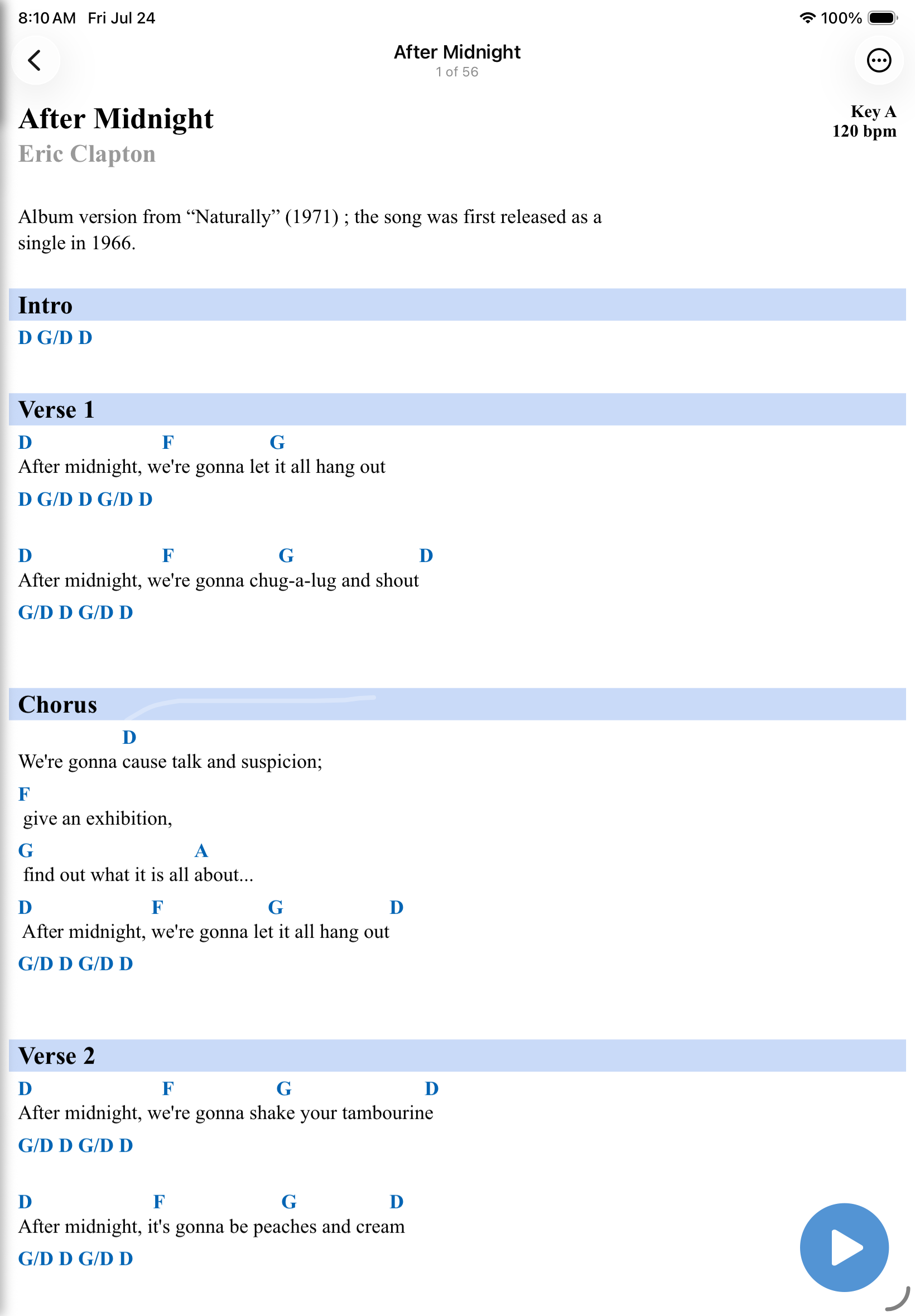 A ChordPro lyric version open in Band Central on iPad, chords shown in blue above the words with the song key and tempo in the corner