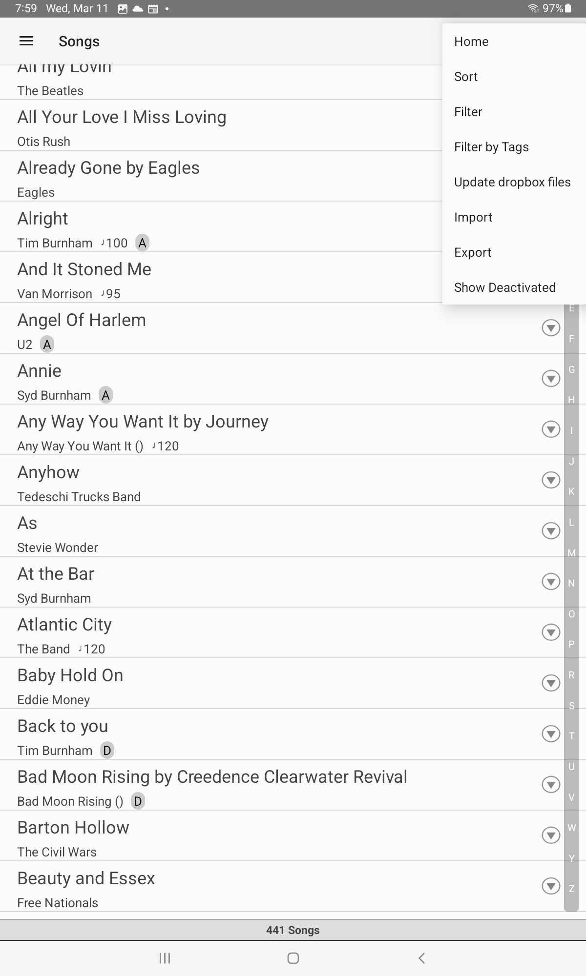 Setlist Helper Android Songs menu showing Export option