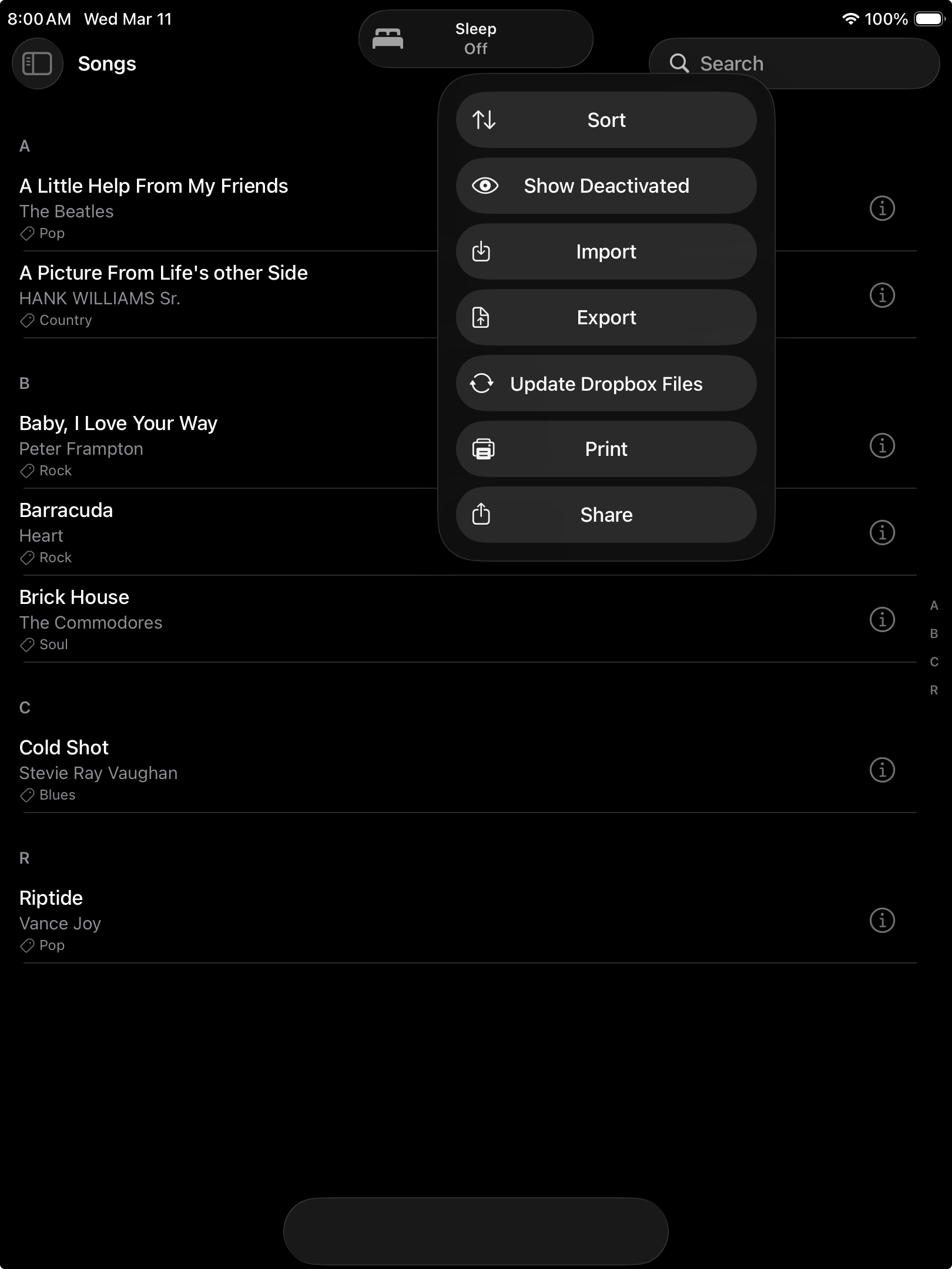 Setlist Helper iOS Songs menu showing Export option