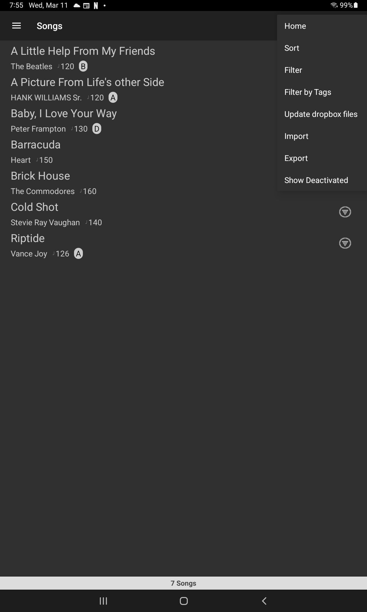 Android Songs menu showing Update Dropbox Files option