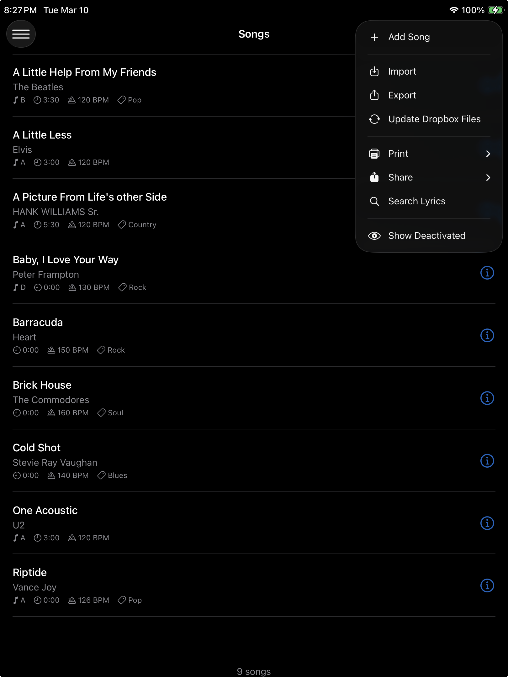 iOS Songs menu showing Update Dropbox Files option